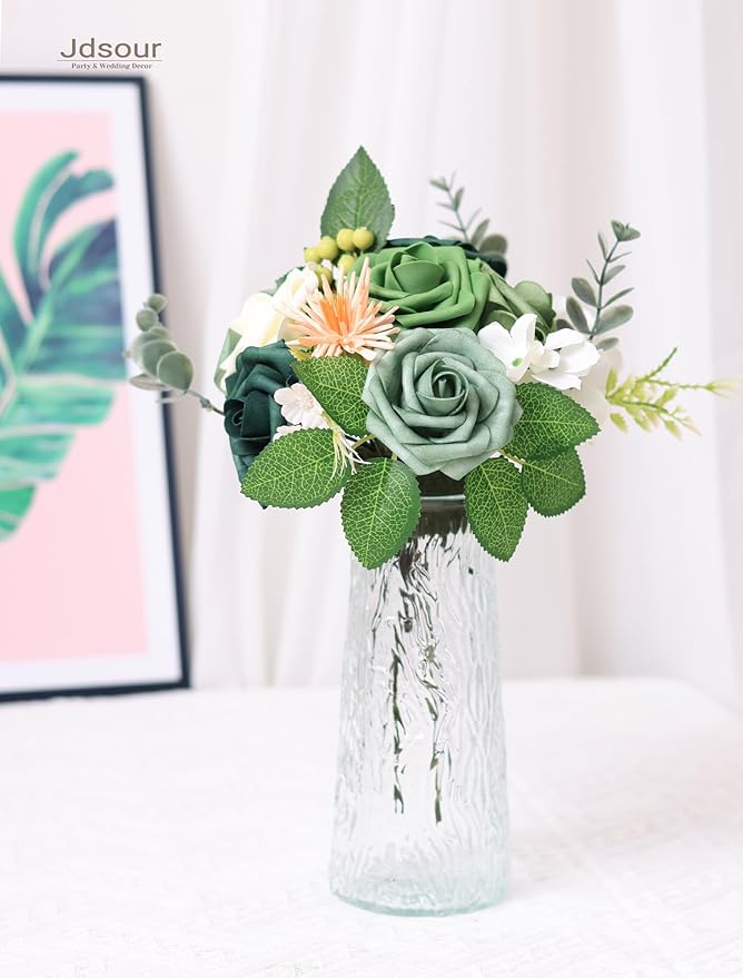 25pcs Artificial Flower，Real Looking Foam Roses w/Stem for DIY Wedding Bouquets Centerpieces Bridal Shower Party Decor-Shades of Army Green