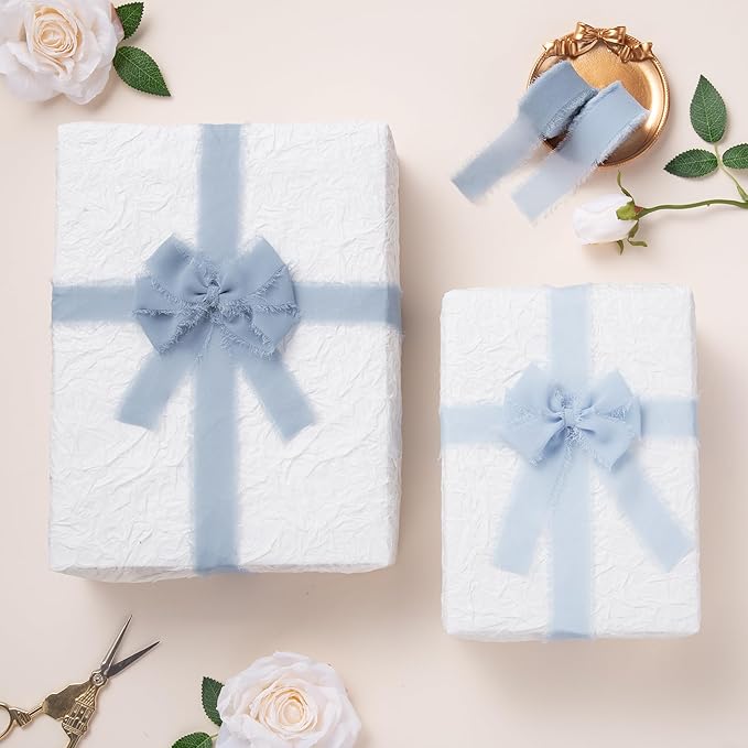 DORIS HOME Baby Blue Chiffon Ribbon for Flower Bouquet, 1" x21Yd Fabric Ribbon for Gift Wrapping, Handmade Frayed Ribbon for Wedding Invitations/Christmas Decorations