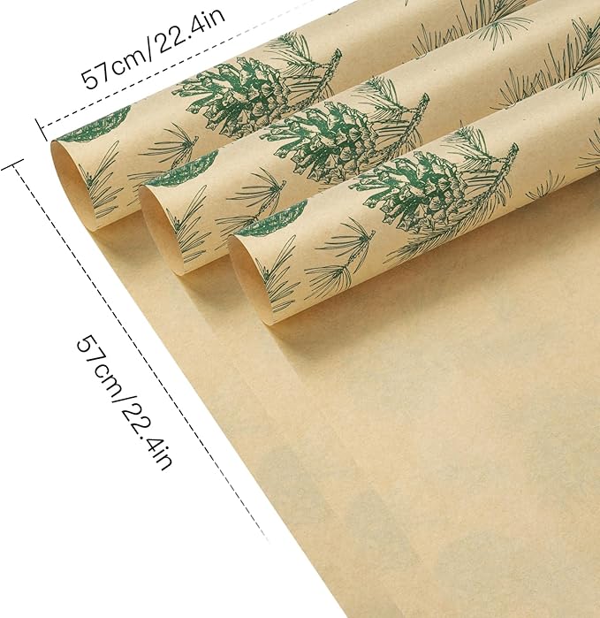 LeZakaa 20 Sheets Kraft Christmas Flower Wrapping Paper, Green Pinecone and Branches on Kraft Floral Bouquet Paper Gift Wrap for Christmas Party Packaging, Winter Woodland-themed Holiday decor