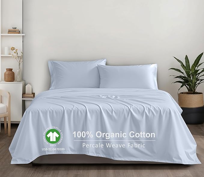 RUVANTI 100% Organic Cotton Sheets Queen Size, Percale Weave, GOTS Certified, 4-Piece Set, Deep Pocket 15", Crisp & Breathable, Soft Durable Bedding, Sábanas Algodón Orgánico – Arctic Ice