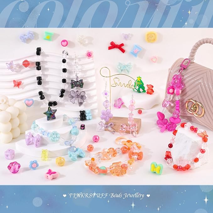 Assorted Acrylic Beads, 400-450PCS 6 Mixed Colors Cute Beads for Bracelet Making, GummyBear Bow Flower Kawaii Charms for Jewelry Making DIY Necklace Keychain Phone Charm Christmas Gift