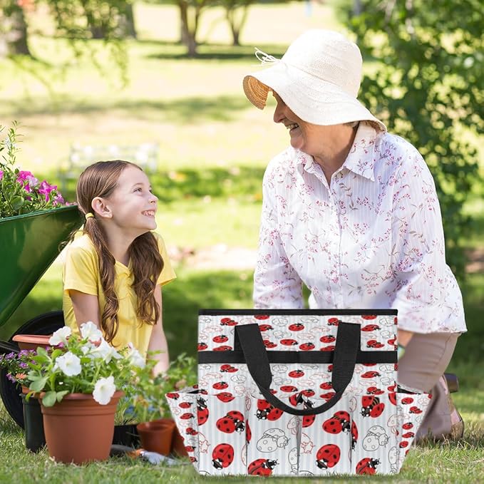 Ladybug Pattern Garden Tool Tote Bag for Women Men Gardening Tool Storage Bags with 10 Pockets Standable Garden Home Tool Kits Organizer for Indoor Outdoor Gardening Gifts