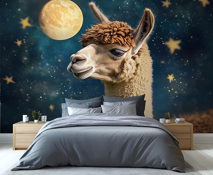 Starry Sky Alpaca Wall Mural, Dreamy Galaxy Moon Alpaca 3D Wall Murals, Cute Animal Wallpaper Mural, for Living Room Bedroom Large Wallpaper Indoor Decor 118" W x 82.6 "H