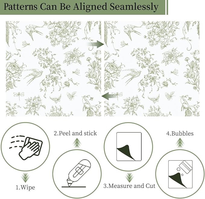 Floral Birds Wallpaper Peel and Stick Green and White Contact Paper 16.9”x 118.1”Vintage Floral Self Adhesive Removable Wallpaper Green Flower Contact Paper for Bathroom Kitchen Decor
