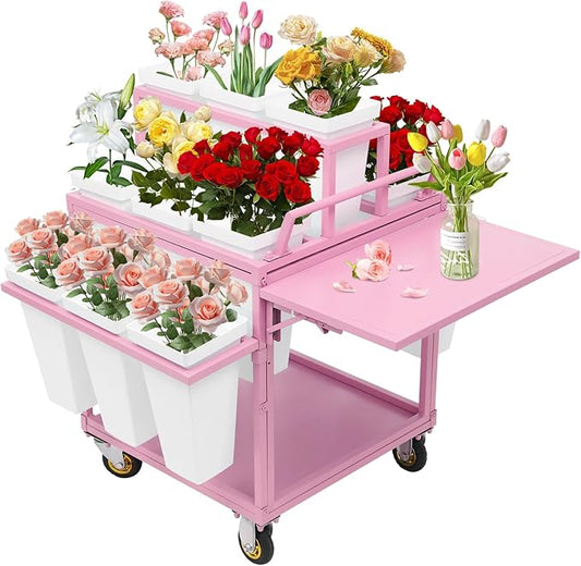 6-Tier Flower Display Stand Indoor Movable Flower Stand with 18 Buckets Plants Display Rack Cart with Wheels Metal Florist Bouquet Stand for Florist Patio Garden,23.62 * 23.62 * 36.61in (Pink)