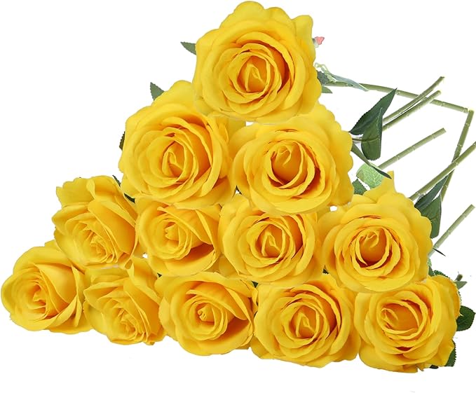 Felice Arts 12 Pack Yellow Artificial Flowers with Stems Silk Roses Fake Flowers Bouquet for Wedding Centerpiece Table Vase Home Kitchen Party DIY Decor