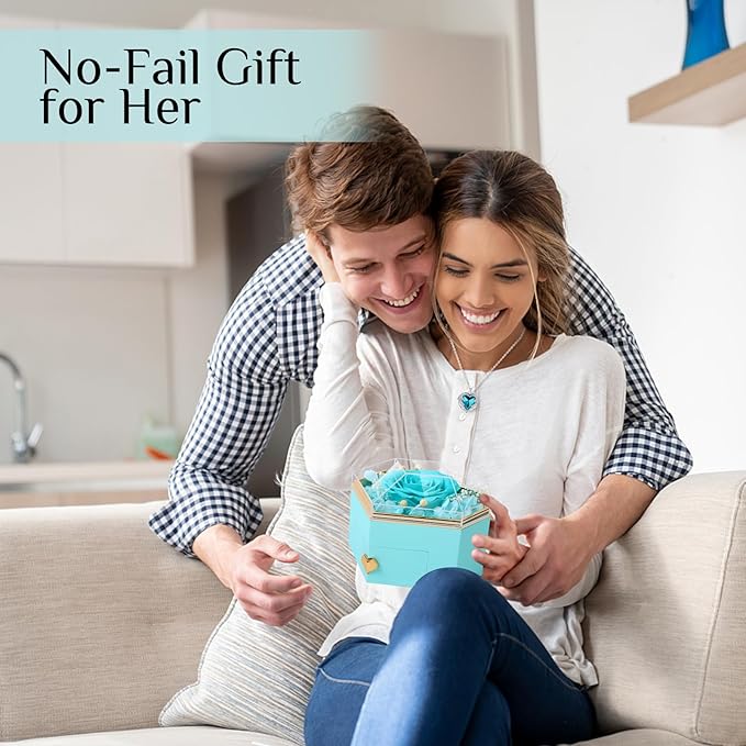 Preserved Cyan Real Rose with Necklace Forever Flowers Diamond shaped Box for Mom Wife Girlfriend Grandma on Mothers Day Birthday Valentines Christmas Anniversary Beatiful Gifts for women