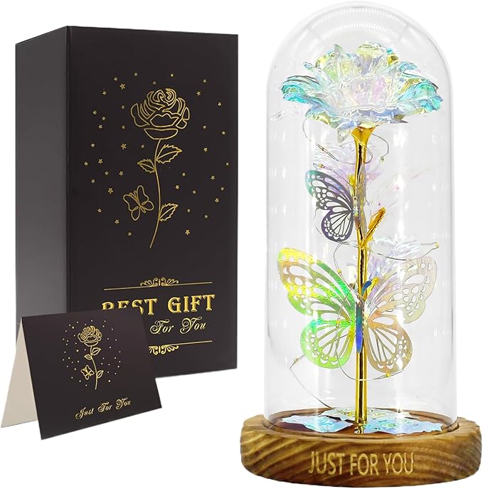 Artificial Glass Flowers, Encourages Romantic Gestures, 11.5x11.5x22cm, Wedding Decoration Dome, Rose Dome Centerpiece, LED Illuminated Design, for Holiday Birthday Mother’s Day Wedding Women