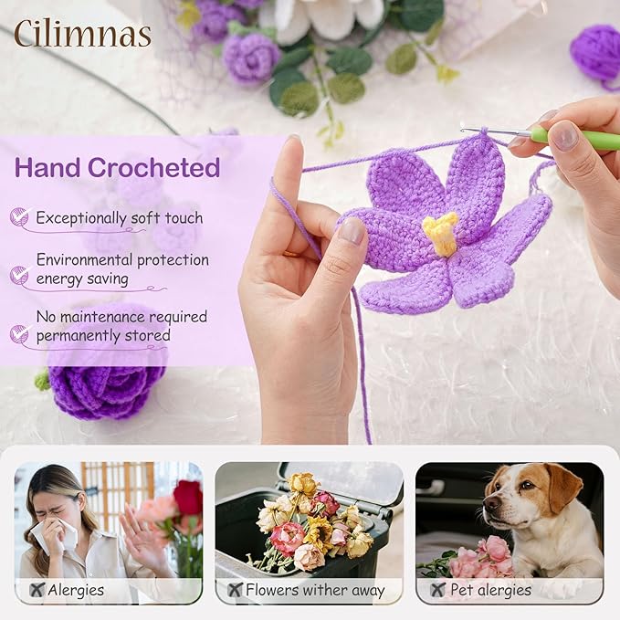 Cilimnas Crochet Flower Bouquet,Purple Knitted Flowers, Handmade Tulips Roses Bouquet for Birthday Party Mother's Day Graduation Gifts