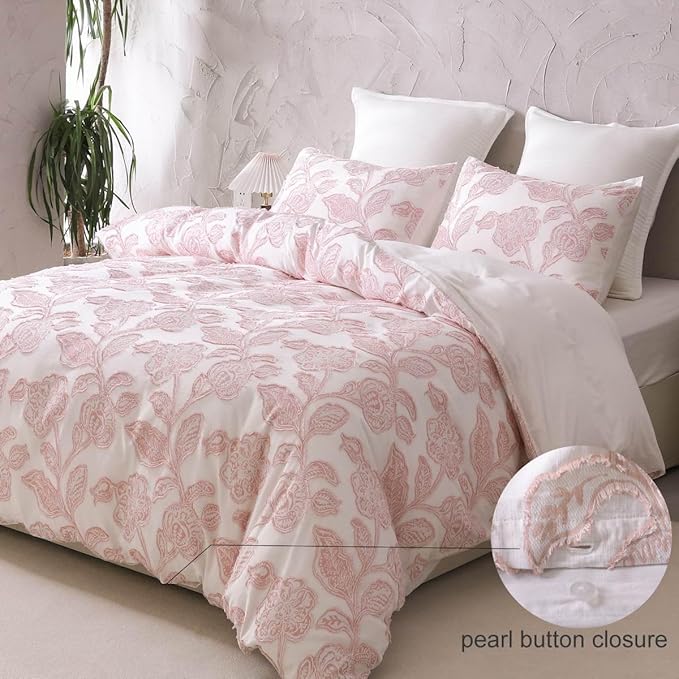 meadow park Cotton Clipped Jacquard Duvet Cover Set Queen, 3 Pieces Jacobean Floral Bedding Set (Pink, Queen)