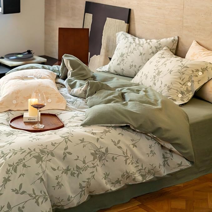 VM VOUGEMARKET Linen Cotton Duvet Cover Queen,3 Pcs Yarn-Dyed Jacquard Textured Duvet Cover with Button Closure Botanical Leaves Bedding Set-90"x90",Sage Green