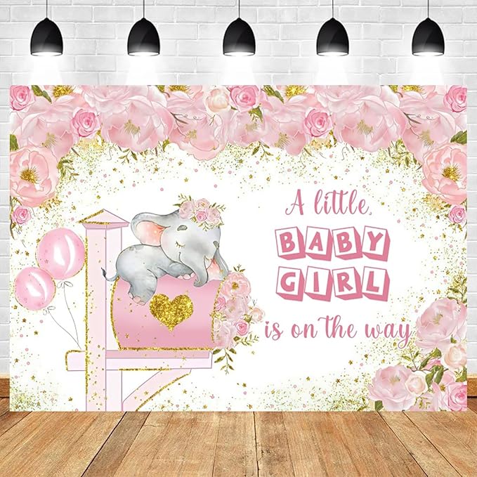 10x6.5ft Elephant Baby Shower Backdrop A Little Baby Girl is On The Way Photography Background Pink Floral Balloon Mailbox Baby Girls Party Banner Decorations Newborn Portrait Photo Booth Prop