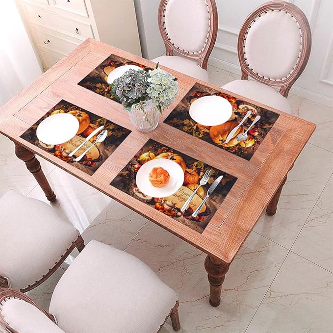PVC Placemats Set of 1 Wipeable Table Mats Washable Heat Resistant Non Slip Vinyl Dining Table Mat for Kitchen Indoor Outdoor Patio Farmhouse Place Mats Thanksgiving Pumpkin Decorate Decorative