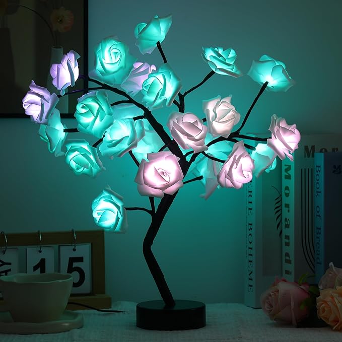 Rose Flower Tree Lamp - LED Rose Tree Table Lamp USB/Battery Powered Artificial Bonsai Flower Night Light for Bedroom Living Room Party Wedding Valentines Mothers Day Decor (White)