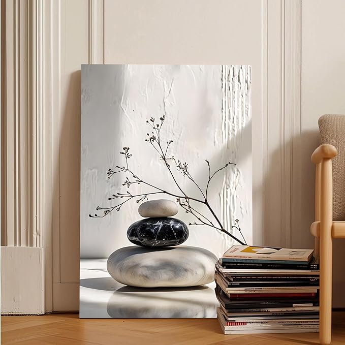Gray and black stone pile and dried flowers poster canvas wall art in harmony Minimalist wall art for tranquil homes and mindful spaces 24x36in Wood Framed