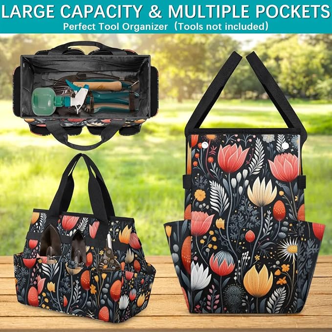 Garden Tool Bag Organizer Garden Tote Bag with Pockets Flowers Buds Leaves Tool Storage Organizer Gardening Tool Kit Holder 13" x 6.8" x 2.8"