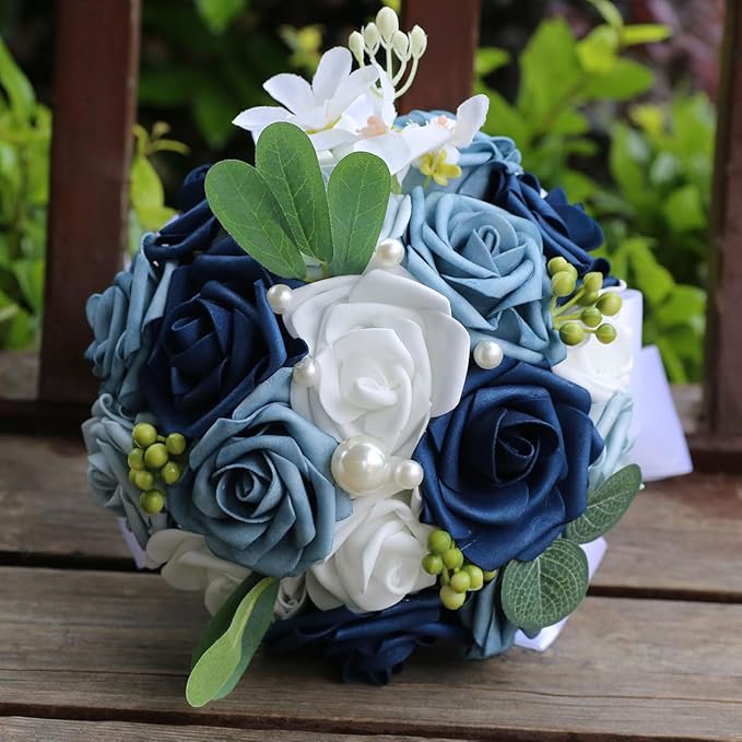 Lightweight Bridal Wedding Bouquet Round Holding Bouquet Throw Toss Artificial Rose Flower Bunch for Bride Bridesmaid Wedding Quinceanera (White & Shades of Blue, 7.9")