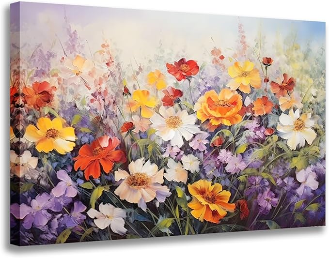 GLOKAKA Flowers Wall Art Colorful Landscape Lush Wildflowers Painting Print on Canvas Purple Yellow Floral Daisy Flower Picture for Home Bedroom Office Decor (Lush Flowers, 24"x16")