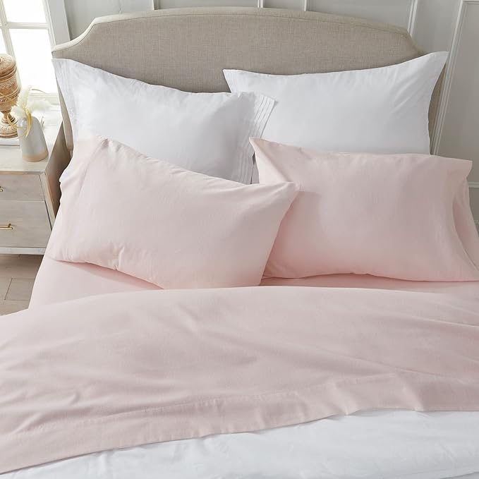 Market & Place 100% Turkish Cotton Flannel Sheet Set | 3 Piece Deep Pocket Solid Cozy Winter Bed Sheets | Double Brushed for Extra Softness & Comfort | Chalet Collection (Twin, Blush Pink)