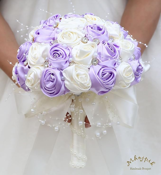 Bridal Wedding Bouquet Round Bling Brooch Bouquet Throw Toss Artificial Rose Flower Bunch for Bride Bridesmaid Wedding Quinceanera(Light Purple & Ivory, 8.7")