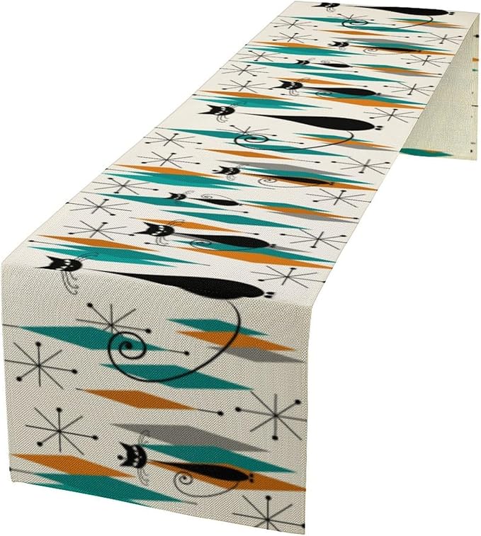 Mid Century Modern Black Cat Table Runner,Table Runners for Kitchen Dining Tables Decor Decoration for Kitchen Family Dinner Table Holiday Party Farmhouse 13 x 120 Inch