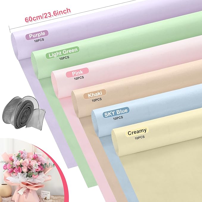 VinTS 48 Sheets 23.6x23.6in Cotton Wrapping Flower Lining Paper,Korean Style Of Waterproof Floral Bouquet Lining Paper Withdrawable Pleated Wrapping Paper Gift Packaging Paper,6 Colors