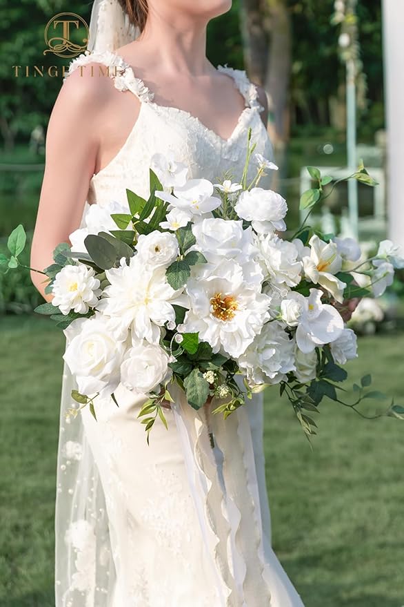 TINGE TIME 13 Inch Wedding Bouquets for Bride,Bridal Bouquet for Bride, Artificial Silk Flowers for Wedding Ceremony and Anniversary (IvoryWhite)