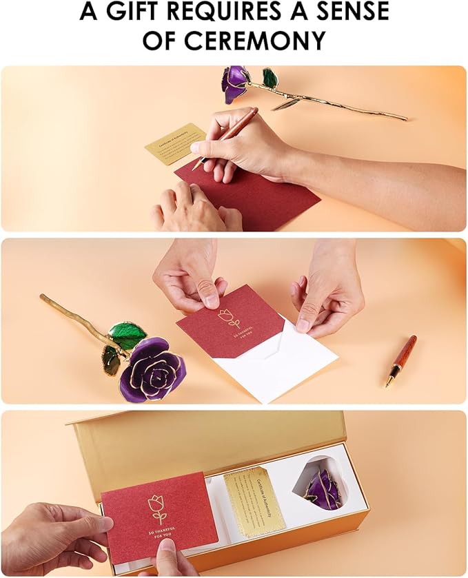24K Gold Dipped Rose – Handpicked Real Rose in 24K Gold – Regal, One-of-a-Kind Romantic Gift for Her – Perfect for Birthday, Anniversary, Mother’s Day, Valentine’s (Purple)