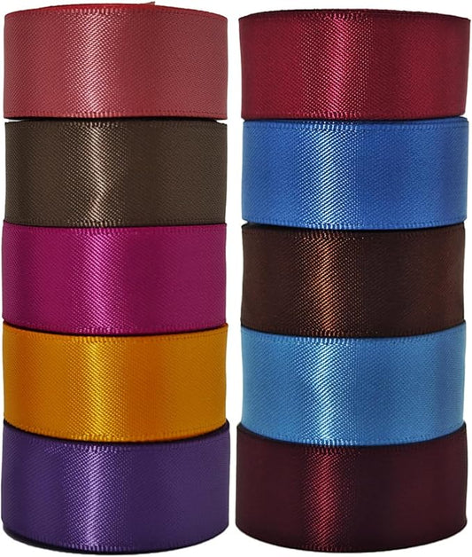 Ribbon 1 inch, 10 Vintage Pack, 50 Yards Double Faced Satin Ribbon Set, 5 Yards Each Color for Gift Wrapping, Flower Bouquet, DIY Crafts, Bow, Wedding, Invitations, Easter, Christmas Party Decorations