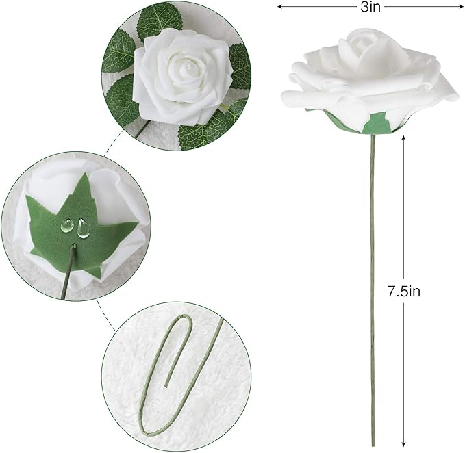 AmyHomie Artificial Flower 50pcs Real Looking Fake Roses w/Stem for DIY Wedding Bouquets Centerpieces Arrangements Party Baby Shower Valentines Day Christmas Tree Decorations