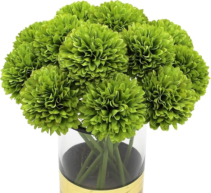 10Pcs Artificial Fake Flower Plants Silk Chrysanthemum Ball Hydrangea Arrangements Wedding Bouquets Decor Home Kitchen Garden Party Table Floral centerpieces DIY (Dark Green)