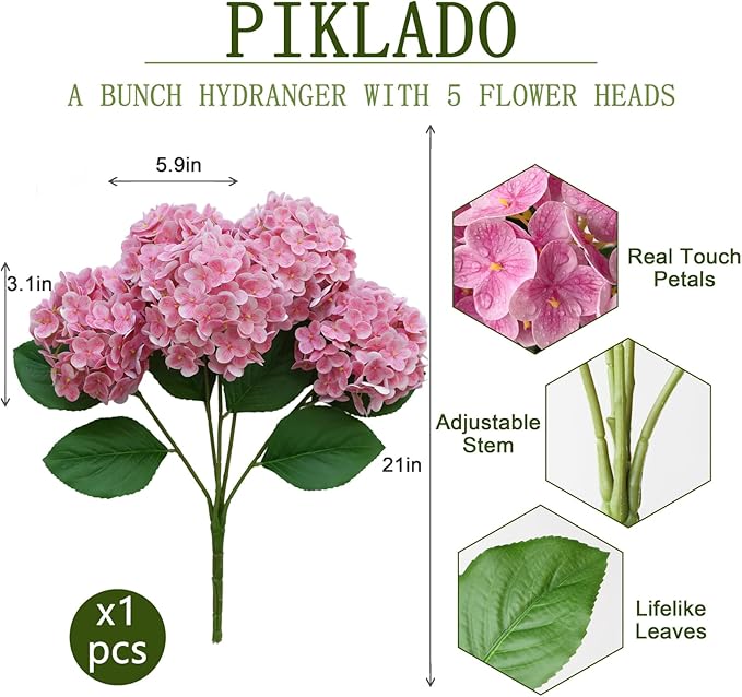 A Bunch 21in, Real Touch Hydrangea Artificial Flowers，,with 5pcs Flower Head 10pcs Leaves, Faux Hydrangea Flowers for Home Office Decor Wedding Party Arrangements (1, Pink)