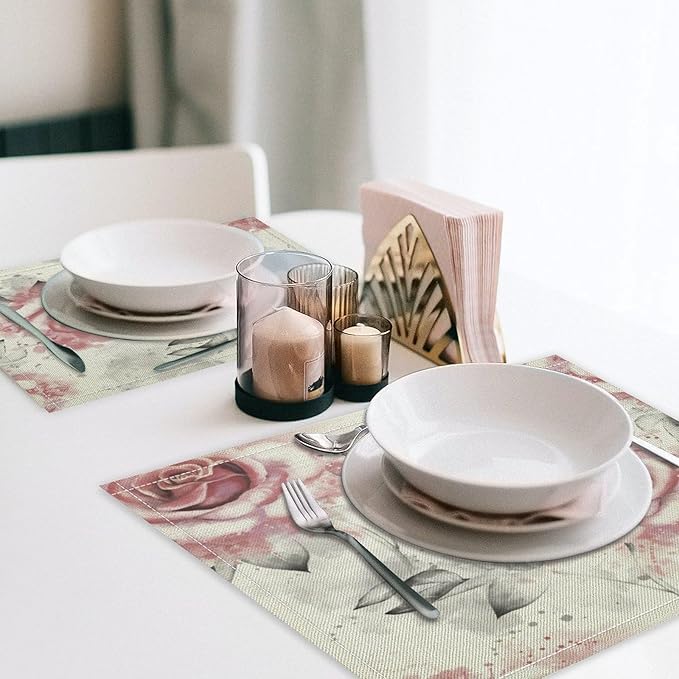 Rose Placemats Set of 6, 17x12 Inch Vintage Romantic Floral Pink Rose Gray Leaf White Table Mats for Home Party Kitchen Dining Decor