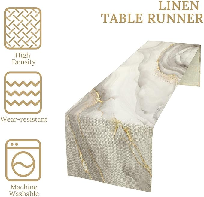 White Grey Marble Table Runner Abstract Modern Luxury Ink Texture Gold Veins Dinner Runner Table Decoration for Home Kitchen Dining Holiday Party 13x108in