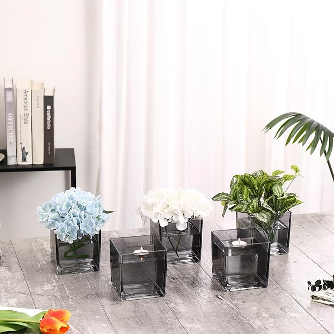Square Glass Vases Set of 9, 5" x 5" x 5" Grey Flower Vases for Centerpieces, Square Vase for Flowers, Small Vase for Wedding, Party, Home Office Decoration