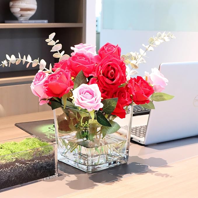 1 Pack Square Glass Vase 6" x 6" x 6", Clear Flower Vase for Centerpieces, Candle Holder for Wedding Party Events, Home Décor