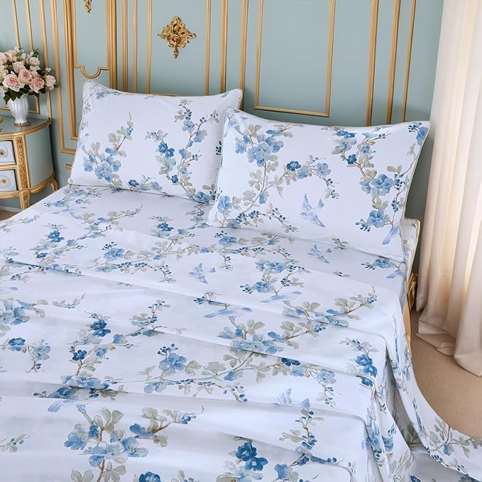 Brandream Queen Size Sheet Set Luxury Blossom Floral Birds Bedding Collections 800 Thread Count 100% Egyptian Cotton Deep Pocket, 4 Piece White Blue Botanical Branches Flower