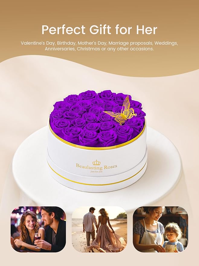 Preserved Roses Forever Flowers Real Roses in a Box Mother's Day Birthday Flowers for Her Mom Women Wife Valentine's Day, 27 Purple Roses