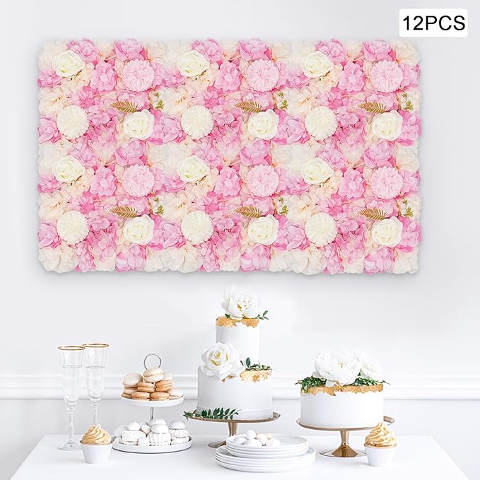 3D Flower Wall Panel 12Pcs Artificial Flower Wall Background Silk Rose Mat for Wedding Wedding Decor Shop Photo Backdrop (Flower Type D)