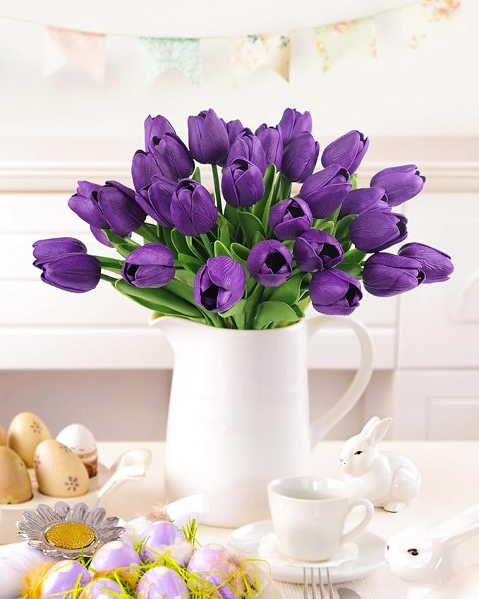 MACTING 30 PCS Artificial Tulip Flowers 13.7" Real Touch Fake PU Tulips Bouquet Faux Purple Flowers for Floral Arrangements Table Centerpiece Kitchen Home Indoor Outdoor Summer Decorations