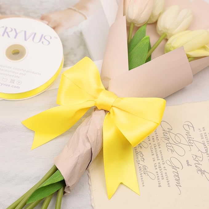 Daffodil Yellow Satin Ribbon, Double Faced 1-1/2 Inch X 25 Yards Daffodil Ribbon, Premium Satin Ribbon for Gift Wrapping, Crafts, Hair Bow Making, Sewing, Flower Bouquet, Wedding Party Decor