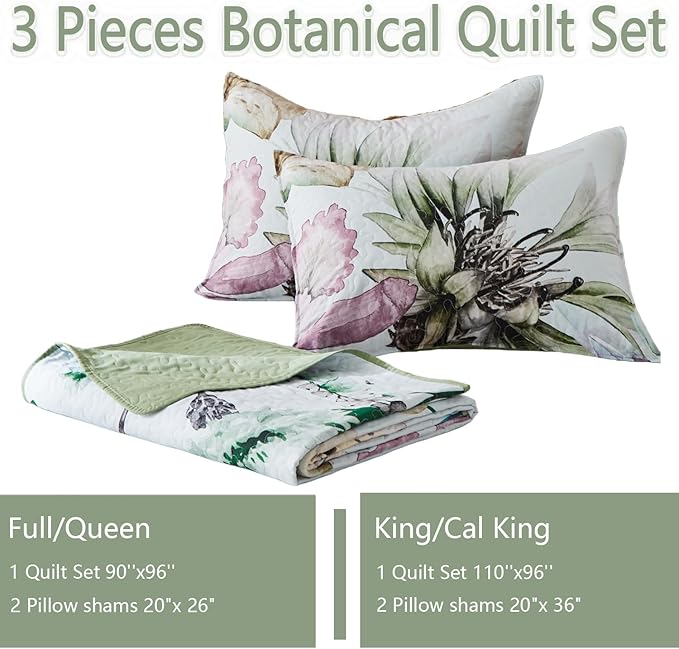 Yogeneg King Size Quilt Set, Elegant Floral Botanical Pattern Green Bedding Set,3 Piece Lightweight Soft Summer Bedspread Coverlet with 2 PIillow Sham for All Season(Green Floral,110"x96")