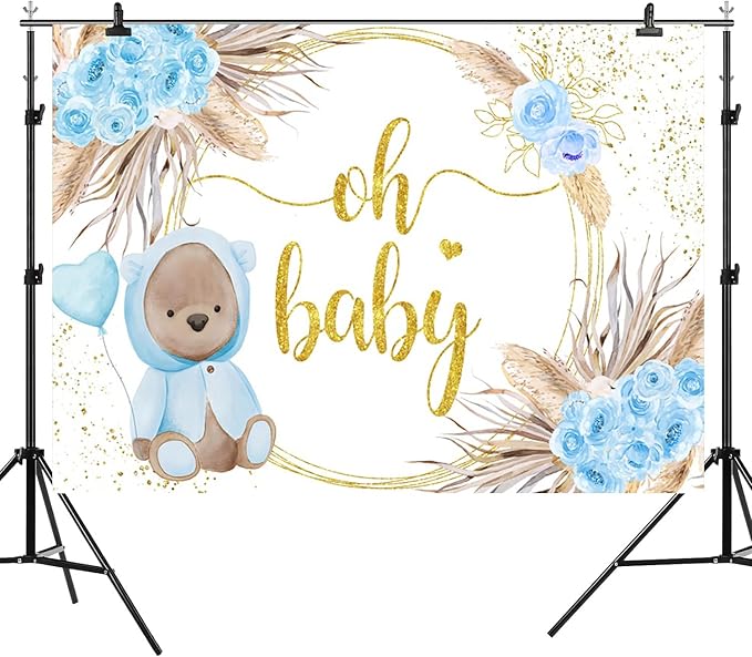 12x8ft Baby Shower Backdrop Oh Baby Photography Background Bear Blue Flowers Boho Leaves Heart Balloon Gold Dots Kid Birthday Party Banner Decorations Newborn Gender Reveal Photo Booth Prop