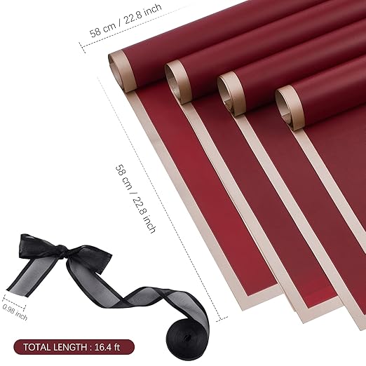 Jutieuo 20 Sheets Burgundy Flower Wrapping Paper, Waterproof Floral Wrap Gold Edge Bouquet Wrapping Paper Florist Supplies (22.8 x 22.8 inch)