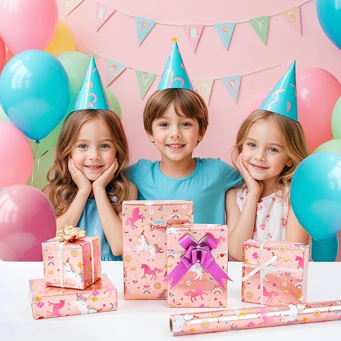 WERNNSAI Unicorn Gift Wrapping Paper Roll - 1 Roll 17” x 33 ft Baby Girl Pink Wrapping Paper for Kids Unicorn Birthday Party Decor Supply, Reversible Metallic Foil Dots Design Dream Princess Style