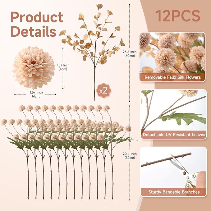 Real-Touch Faux Silk Mums Bouquet, Bendable Long Stems, Full & Realistic Artificial Flower Arrangement for Vase, Table, Wedding & Wreath Décor, Beige(No Vase) (Beige)