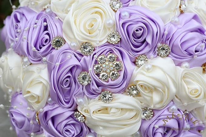 Bridal Wedding Bouquet Round Bling Brooch Bouquet Throw Toss Artificial Rose Flower Bunch for Bride Bridesmaid Wedding Quinceanera(Light Purple & Ivory, 6.3")