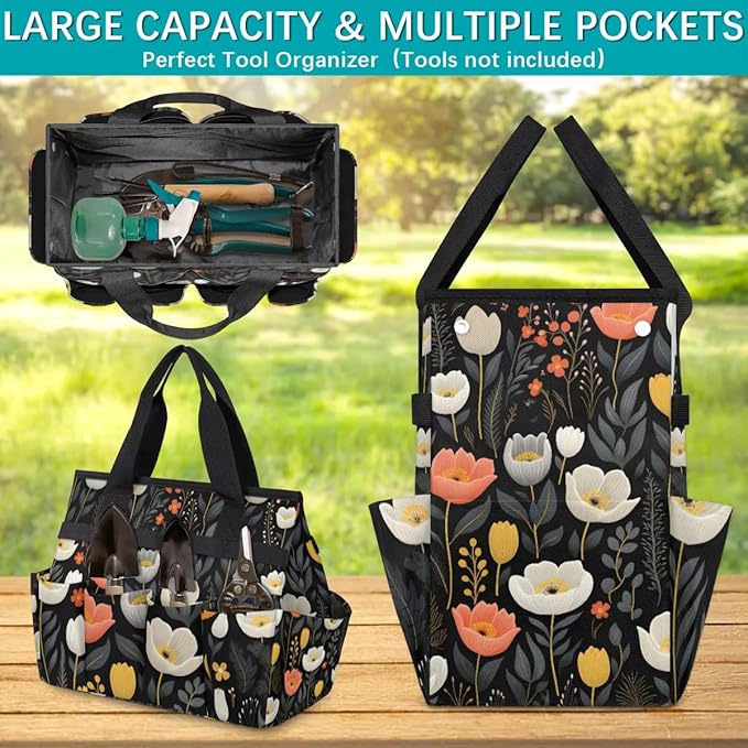 Garden Tool Bag Organizer Garden Tote Bag with Pockets Flower Small Patterned Tool Storage Organizer Gardening Tool Kit Holder 13" x 6.8" x 2.8"