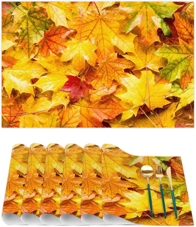 Autumn Maple Leaf Fall Placemats Set of 4 PVC Vinyl Non Slip Table Mats Heat Resistant Place Mats Washable Wipeable Dining Table Mat for Kitchen Decor Party Indoor Outdoor Decorative Gift