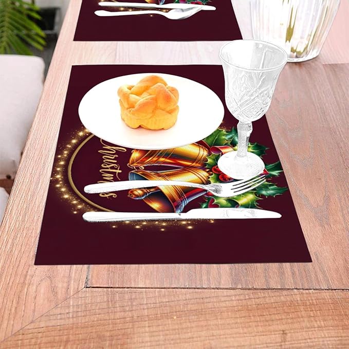 PVC Placemats Set of 6 Wipeable Table Mats Washable Heat Resistant Non Slip Vinyl Dining Table Mat for Kitchen Indoor Outdoor Patio Farmhouse Place Mats Christmas Bell Red Decorative
